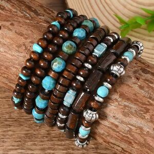 Turquoise and Brown Beaded Wooden Bracelet Set